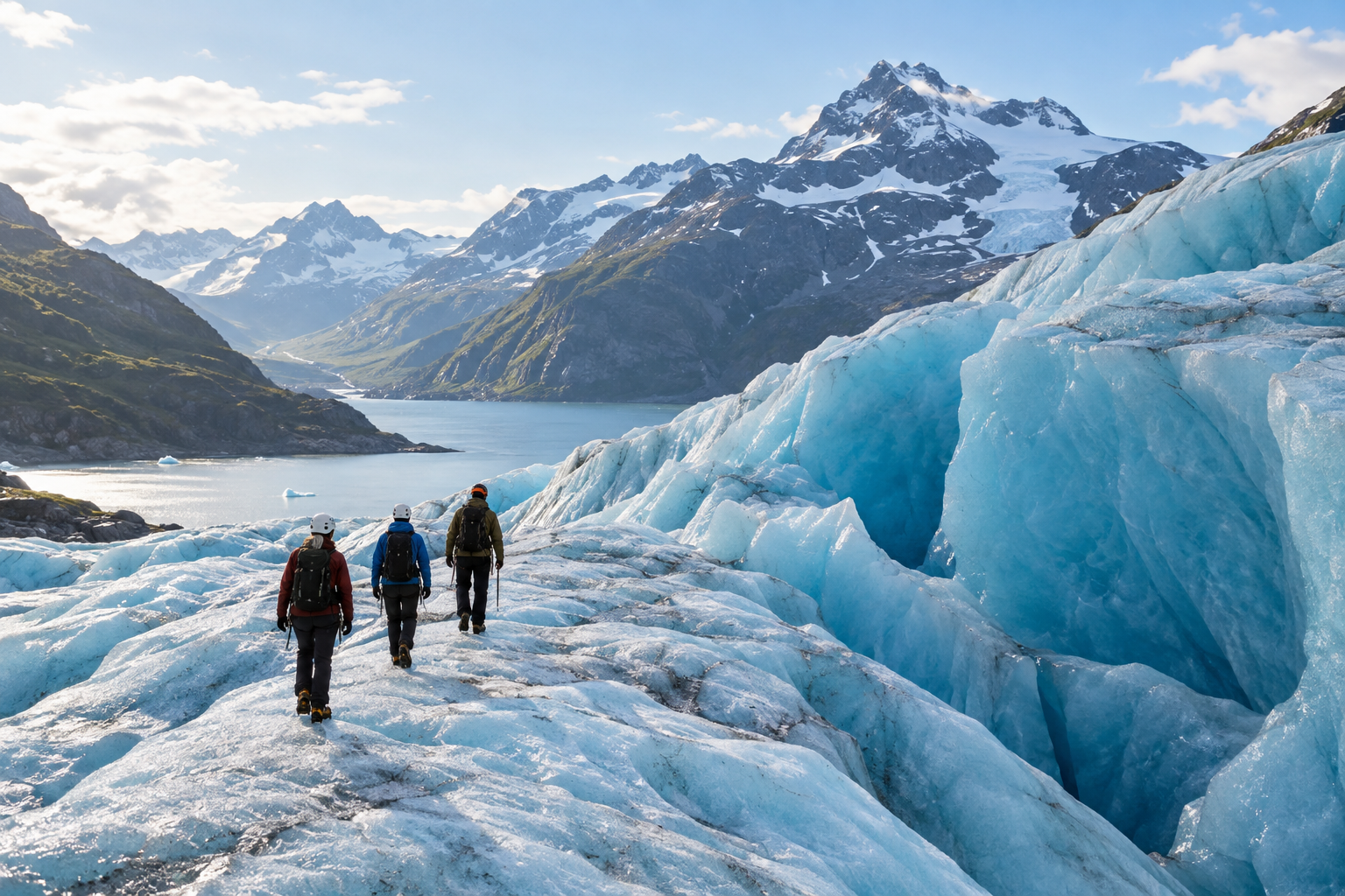 Travellers walking beside a Norwegian glacier