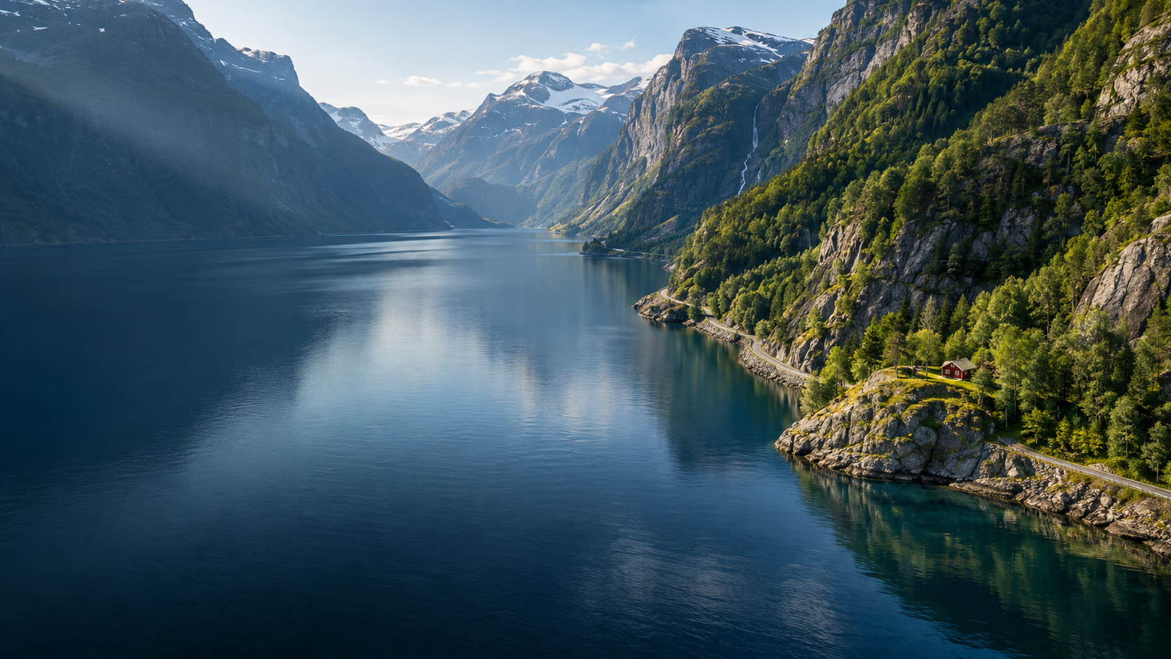 A road winding beside a vast Norwegian fjord