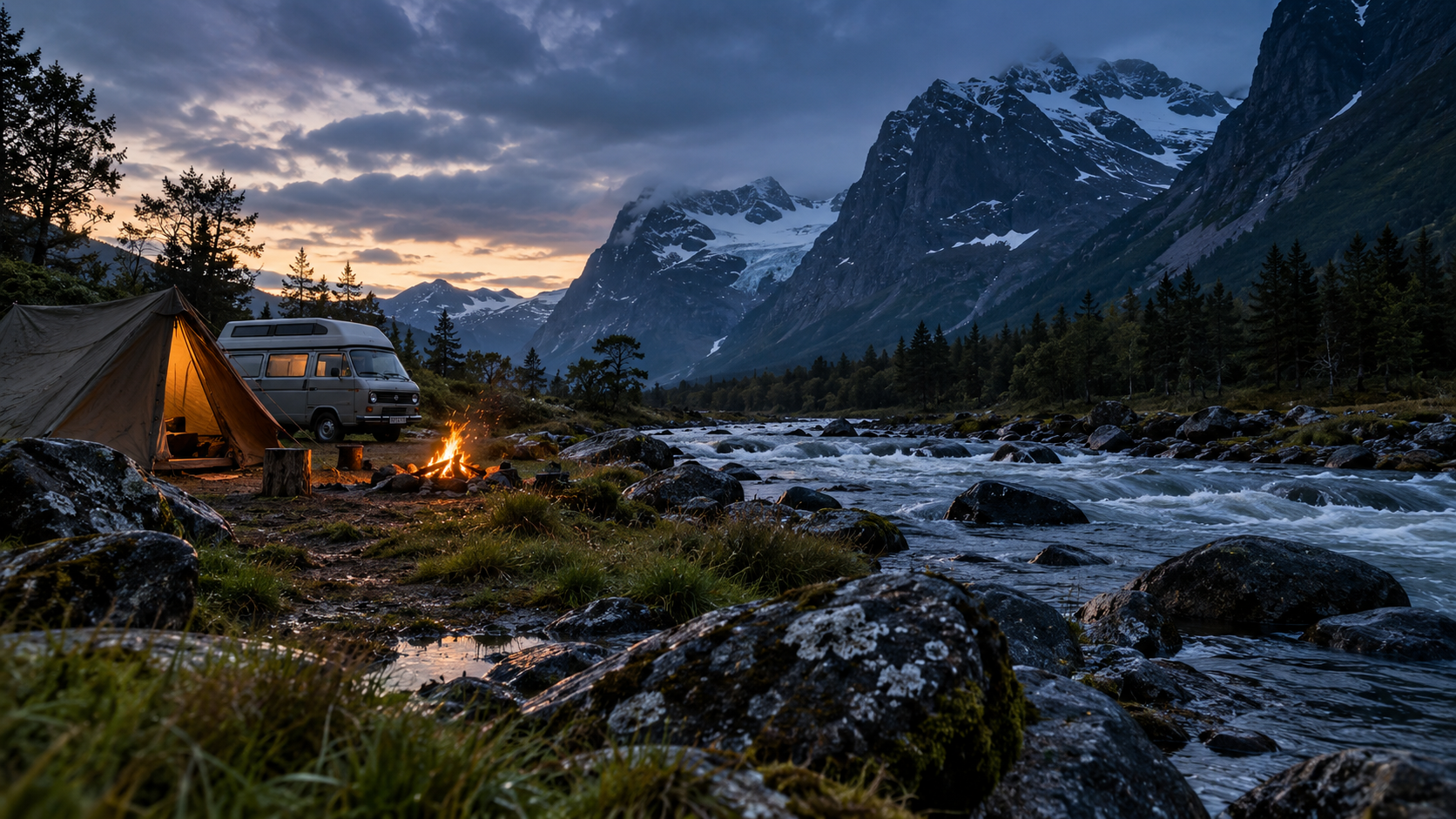 Norwegian mountains and river at dusk